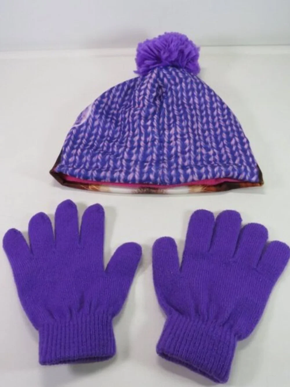 Girls Purple Dog Glasses Winter Beanie Hat Pom Gloves Set Fleece Lined